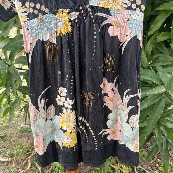 Yumi Kim Black 100% Silk Babydoll Tunic Dress Small Floral V-Neck Short Sleeve - Picture 6 of 13